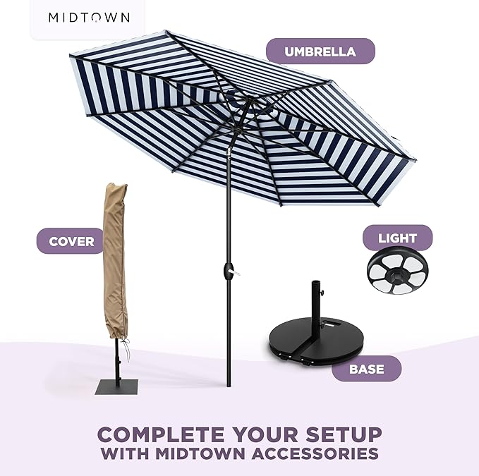 Midtown Umbrellas - 10-Year-No-Fade 6 Ft Patio Umbrella with Terylast Fabric, Auto-Tilt Aluminum Frame and 8 Reinforced Ribs for Deck, Pool, Garden & Beach - Navy/White Stripe Canopy, Black Pole