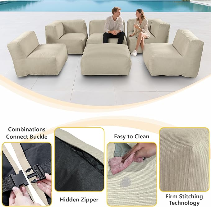 Patio Furniture Set, 6 Pcs Outdoor Conversation Set with Bean Bag Middle Chairs, Corner Chair, Ottomans, Modern Foam Couch Set for Garden, Deck, Balcony (6, Light Beige)