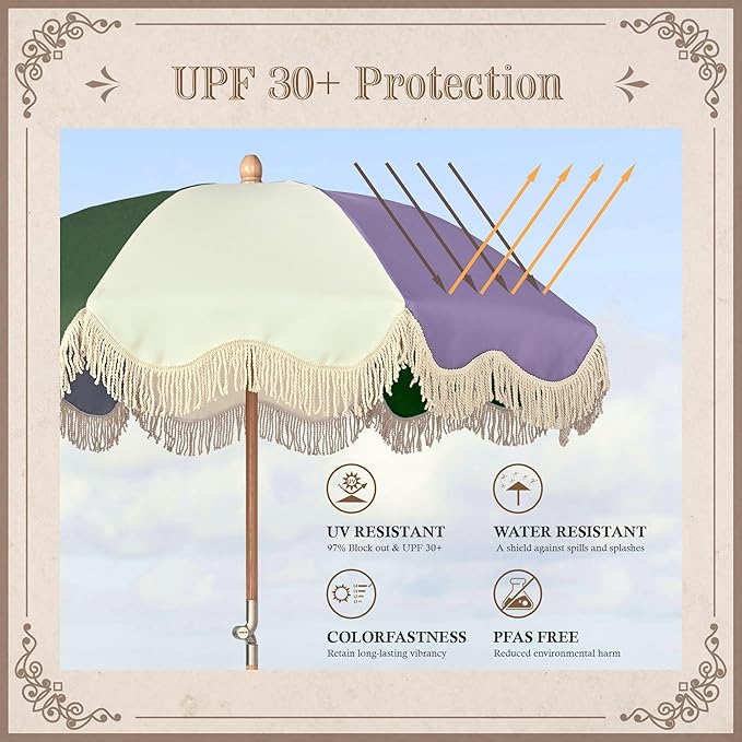 LAGarden Fringe Patio Umbrella with Carry Bag & Cover Vintage Wood for Event Outdoor Garden Yard Wedding Bistro Table