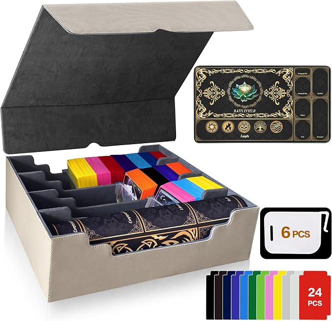 PROMAXIBINDER Trading Card Storage Box Fits 4000+ Cards, 4-Row MTG Commander Deck Case with Playmat, 6 Movable Partitions 24 Dividers PU Leather Magnetic Closure, Magic/TCG/YuGiOh/Sport (Grey)