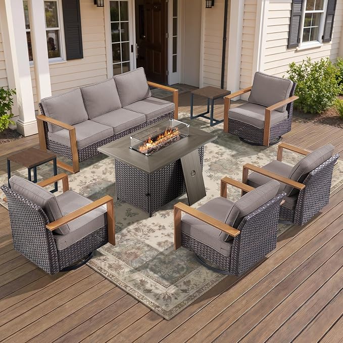 Patio Furniture Set with Fire Pit Table, 8-Piece Outdoor Wicker Sofa and 4 Swivel Chairs, All-Weather Conversation Set for Backyard, Deck and Poolside Grey