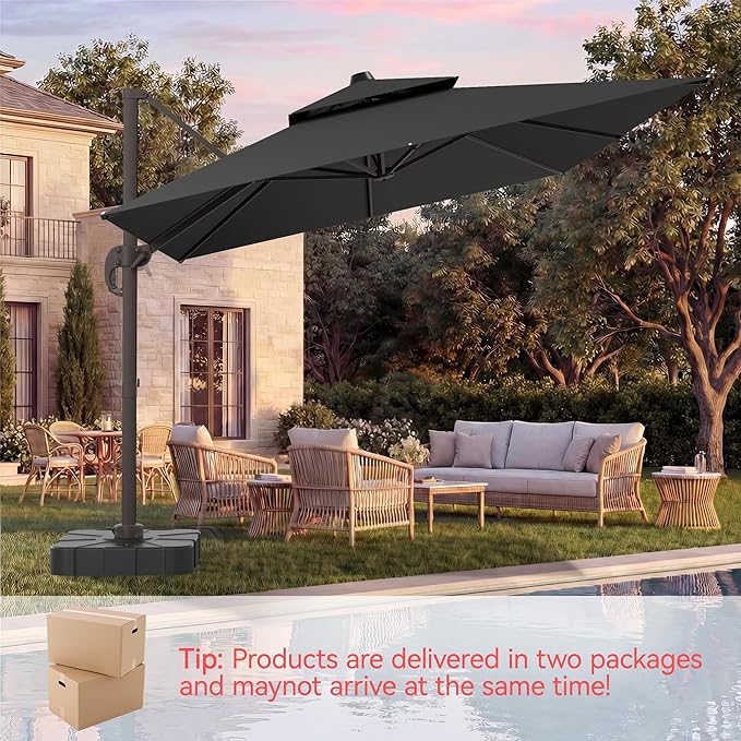 10x13 FT Patio Umbrella with Base, Large Cantilever Rectangular Double Top Heavy Duty Offset Umbrellas with 361° Rotation, Outdoor shade for Garden Deck Pool Patio, Gray