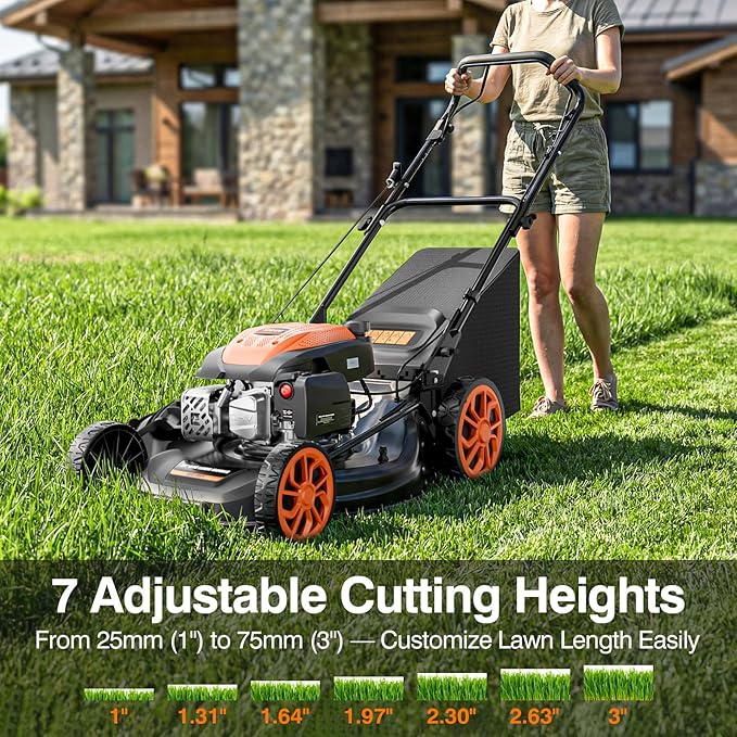 21” Self Propelled Lawn Mower Gas, 170CC 4-in-1 Mulch/Rear Bag/Side Discharge/Rear Discharge, Walk-Behind Gas Lawnmower with 7-Position Cutting Height, Foldable Gas Powered Lawn Mowers for Yard Garden