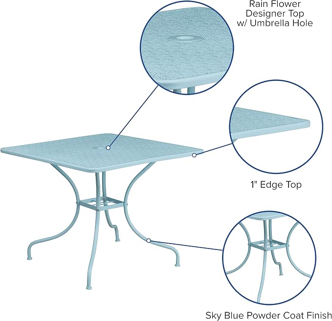 EMMA + OLIVER Commercial Grade 35.5" SQ Sky BL Indoor-Outdoor Steel Patio Table-Umbrella Hole