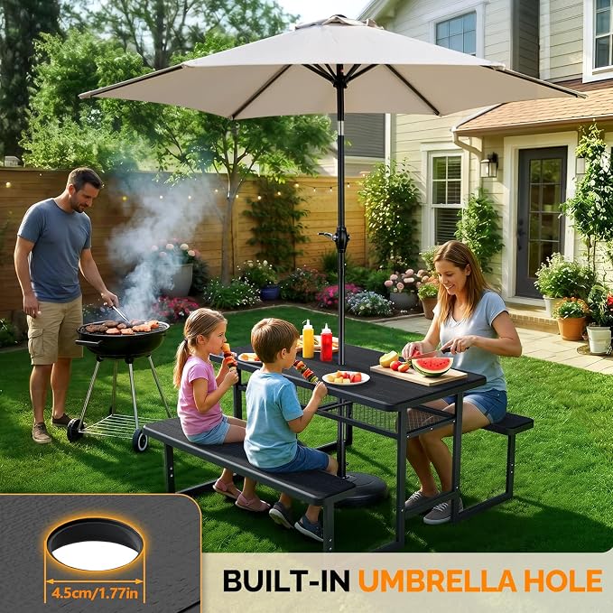 VINGLI Outdoor Picnic Table with Storage Shelf & Umbrella Hole, 4.5FT All Weather Metal Frame HDPE Tabletop Plastic Picnic Table for Dining Party Garden(Black)
