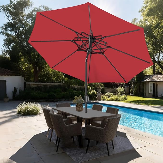 9FT Outdoor Patio Umbrella - 2 Tiers Table Umbrella Waterproof UV Protection, Sombrillas de Patio with Push Button Tilt, Sun Umbrella for Pool, Porch, Garden, Backyard (Red)