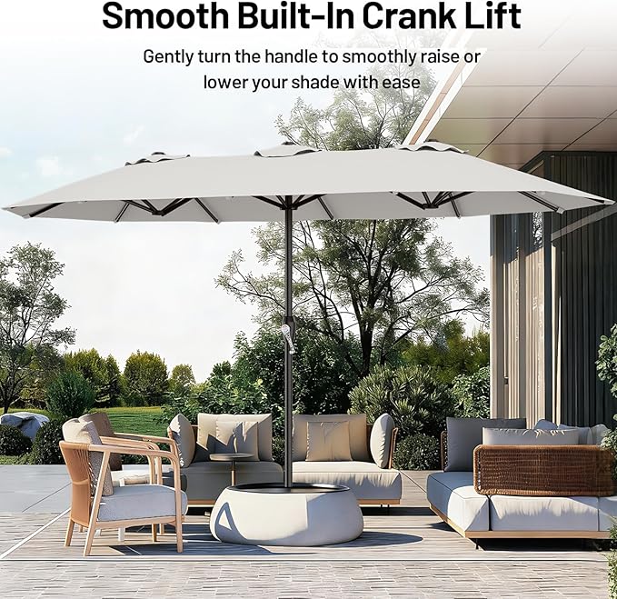 AreShark 15ft Patio Umbrella with Base, Double Sided Outdoor Umbrella with 12 Fiberglass Ribs, Large Outdoor Umbrella for Garden, Pool, Deck, Backyard & Market, Light Grey