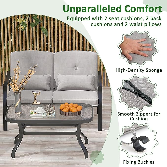 Tangkula 2 Piece Patio Furniture Set, Outdoor Loveseat Chair Set with Seat Back Cushions & Waist Pillows, Tempered Glass Coffee Table, Heavy-Duty Metal Sofa Set for Yard Garden Balcony Poolside