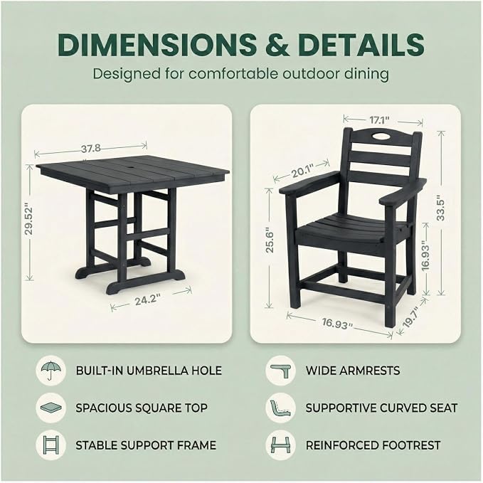 WILLIAMSPACE 37.8" Outdoor Patio Dining Set with 2 Armchairs, All Weather HDPE Square Dining Table with Umbrella Hole, Patio 3-Piece Bistro Set for Backyard, Balcony, Lawn, Kitchen (Black)