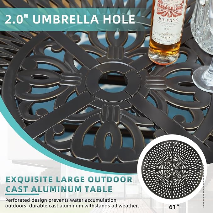 MEETWARM Patio High Bar Dining Table for 8 Person, All Weather Cast Aluminum 61" Large Round High Top Dining Table with 2" Umbrella Hole, Patio Bar Height Table for Garden Deck Backyard, Dark Bronze