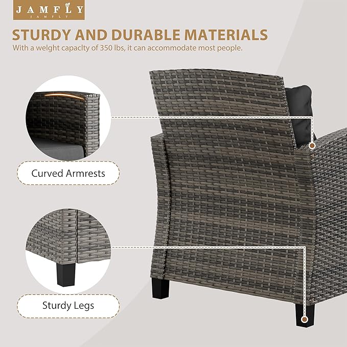 JAMFLY 3 Piece Wicker Patio Furniture Set - Space Saving Outdoor Rattan Conversation Set with Soft Cushions & Glass Coffee Table for Balcony, Porch, Small Backyard - All Weather Grey Bistro Set