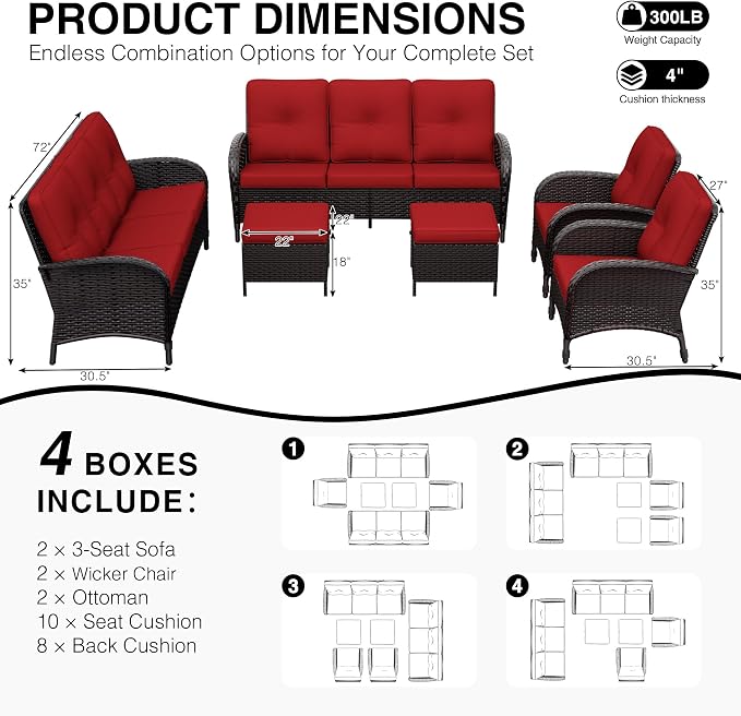 Joyside Wicker Patio Furniture Set, 6 Piece Outdoor Furniture Set with Thickened Cushions, High Back, Deep Seating, Wide Armrest, Rattan Outdoor Chairs for Porch, Deck