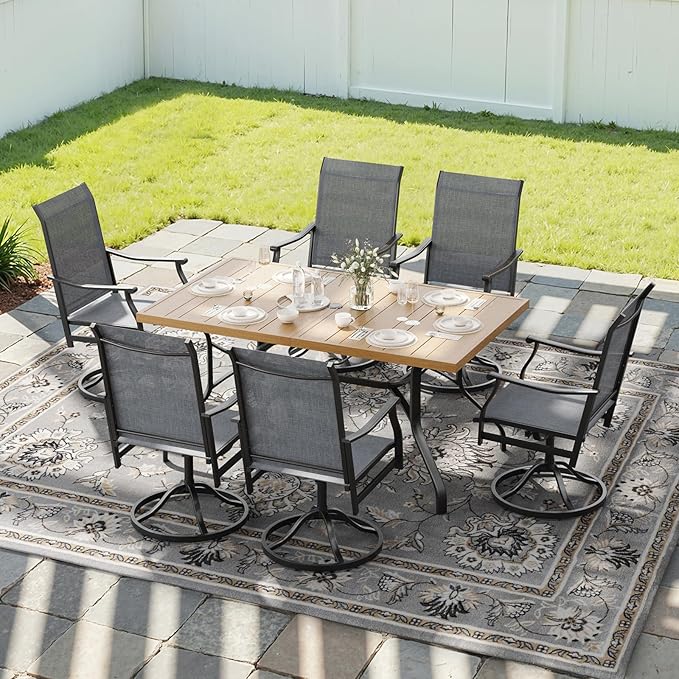 Soohow 7-Piece Outdoor Dining Set, Patio Dining Table and Chairs Set for 6, 6 x Swivel Patio Chairs and 60"x35" Dining Table with 1.57" Umbrella Hole, Wood-Like, Ideal for Poolside, Backyard, Deck