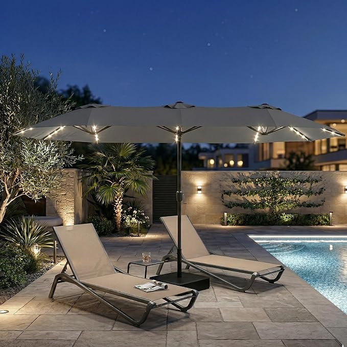 15FT Large Outdoor Patio Umbrella with Solar Lights and Base, Double-Sided Table Umbrellas with 48 LED Lights, Rectangle Market Umbrella for Pool, Deck, Backyard