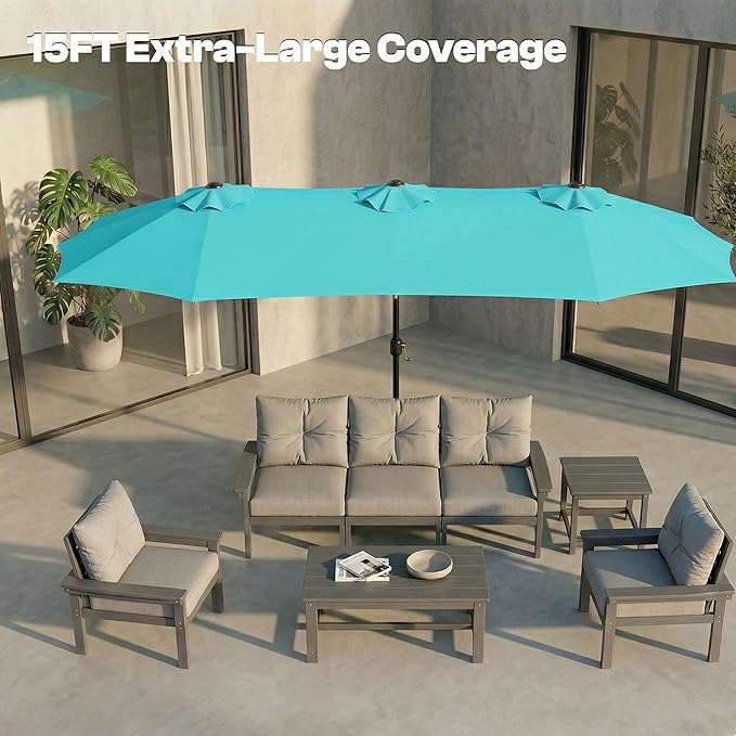 15FT Large Outdoor Patio Umbrella with Solar Lights and Base, Double-Sided Table Umbrellas with 48 LED Lights, Rectangle Market Umbrella for Pool, Deck, Backyard