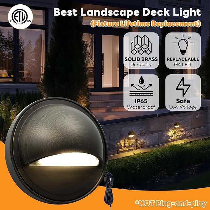 Gardenreet Solid Brass Deck Light - Low Voltage LED Step Light Outdoor, 12V Landscape Hardwired Waterproof, Round Bronze Lighting for Stair Fence Wall Railing Yard Without G4 Bulb