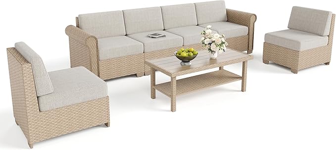 Patio Furniture Set 7 Piece, Wicker Rattan Sectional Sofa Couch with 5.5" Thick Waterproof Cushions and Coffee Table, All weather Modular Outdoor Conversation Set for Lawn Backyard and Deck, Beige