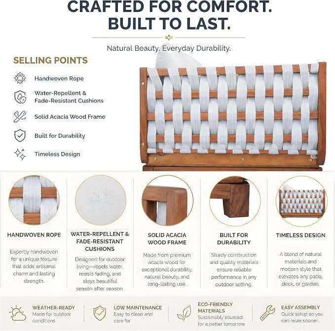 Merax Outdoor Acacia Wood Armchair wtih Cushions Set of 2, Teak+ Beige | Patio Sofa Chair with Hand-Woven Rope, Sturdy Base for Porch, Lawn, Backyard, Balcony, Easy Assemble,