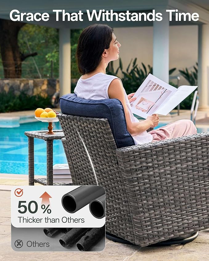 Luxury 8-Piece Patio Furniture Set with 6-Inch Thick Cushions, Outdoor Couch and Swivel Rocker Chairs, Wicker Conversation Set for Porch, Deck, Yard, Pool in Blue