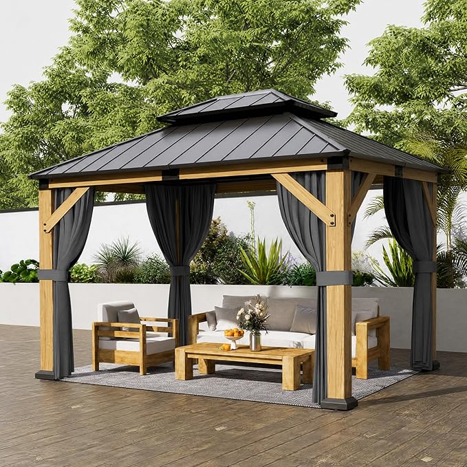 Jocoevol 10' X 12' Wood Gazebo Hardtop Outdoor Permanent Pavilion with Double Galvanized Steel Roof, Curtains and Netting, Snow Support, Wind Resistance, for Backyard Garden, Lawns, Patio