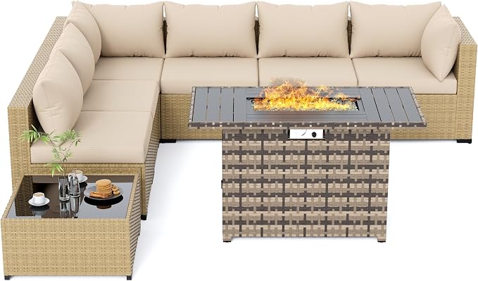 UDPATIO Furniture Set with Fire Pit Table, 8 Piece Sectional Sofas, All-Weather Wicker Conversation for Garden, Backyard, Yellow/Beige