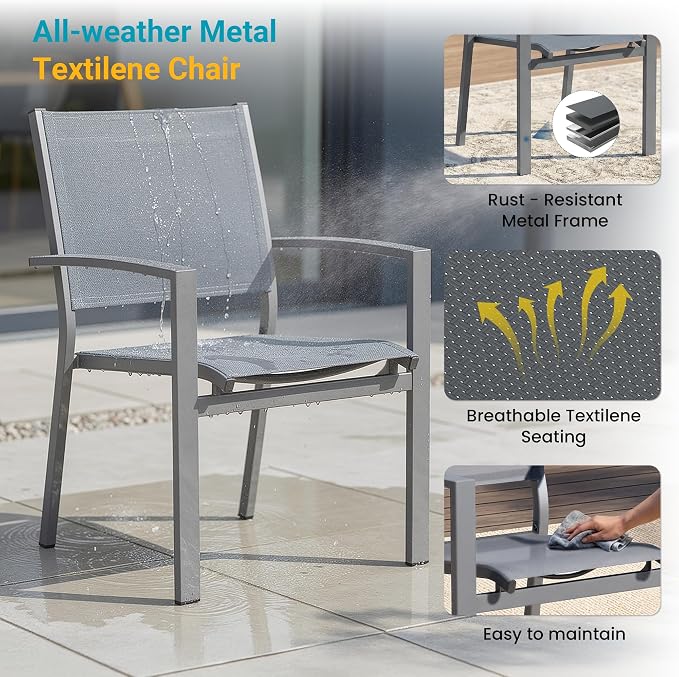 FansaFurn Patio Table and Chairs Set for 6, Outdoor Patio Furniture Set with Metal Textilene Chairs and Aluminum Table, All-Weather Outdoor Dining Set with HDPS Rectangular Tabletop for Patio Porch