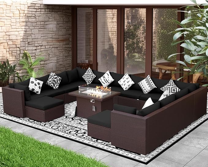 NICESOUL 15 Piece Outdoor Sectional with Fire Pit Table, Modern Luxury Patio Deep Seating w/Firepit, 29.3'' High-Back Wicker Couch Thick, Big High-Weight Capacity Sofa for Garden, Yard, Brown & Black