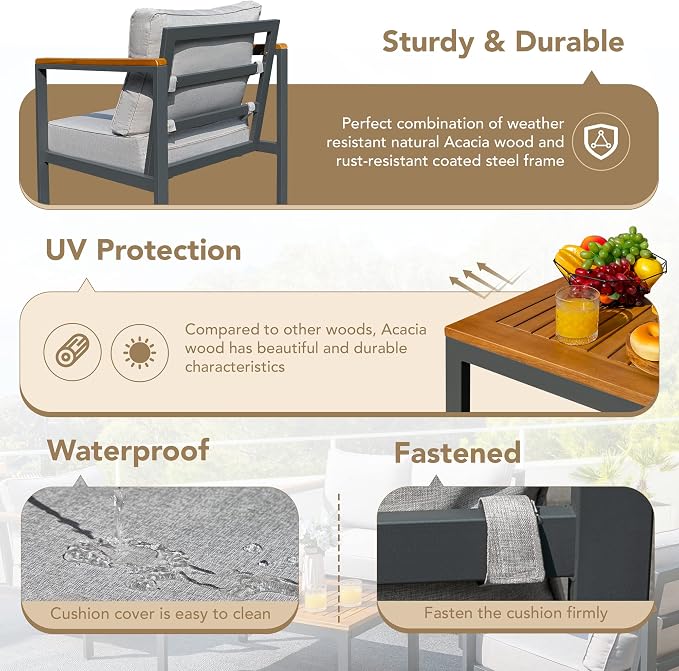 Devoko 4 Pieces Patio Furniture Sets Outdoor Conversation Set Acacia Wood Sofa Set with Coffee Table Thicker Sponge Cushion