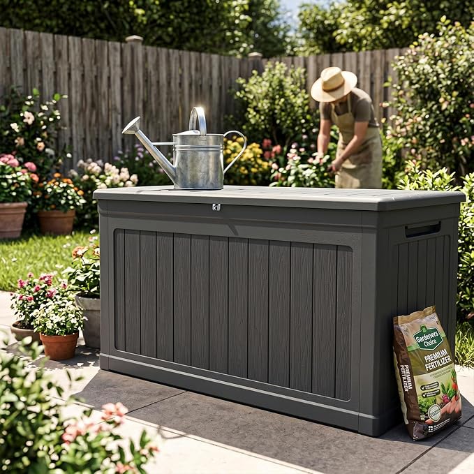 270 Gallon Deck Box, Extra Large Waterproof Outdoor Storage Box with Hydraulic Rod, Weatherproof Resin, Lockable Wood-grain Finish Container for Patio Furniture, Garden, Pool and Garage (Black)