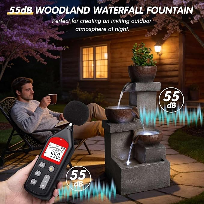Outdoor Water Fountain with LED Lights, 23.6" Tiered Cascading Waterfall Fountain with Planter, Weather-Resistant Resin Garden Fountain for Patio Backyard Porch Decor, Gray