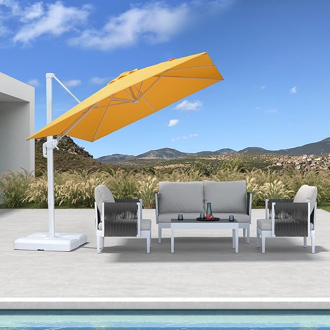 PURPLE LEAF 8 FT Patio Umbrella White Cantilever Umbrella Aluminum Square Outdoor Offset Umbrella Hanging Windproof with 360° Rotation for Garden Deck Pool, Yellow