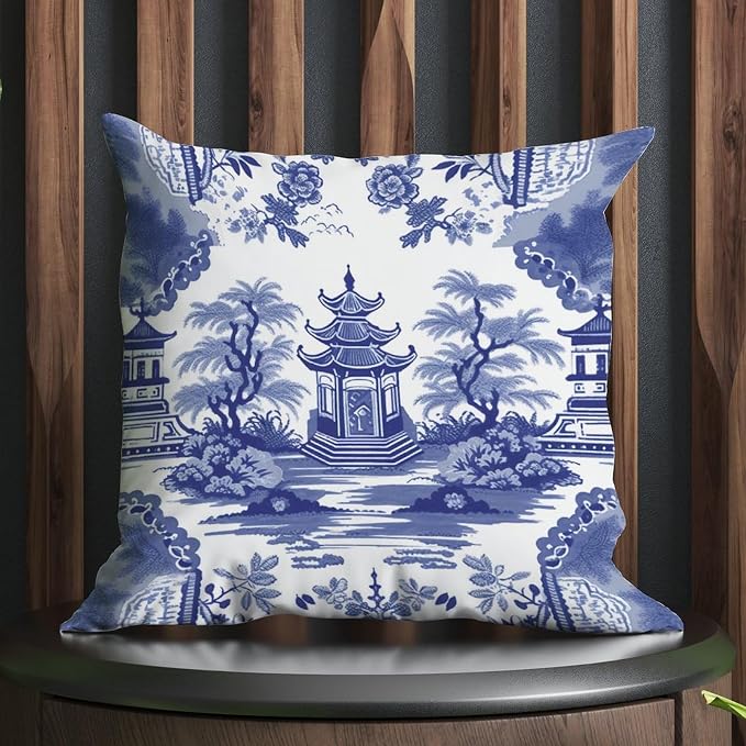 Chinoiserie Blue Asian Pagoda Cushion Cases Chinoiserie Chic Asian Throw Pillow Cover Classic Farmhouse Decor Pillow for Couch Sofa Patio 16x16 in