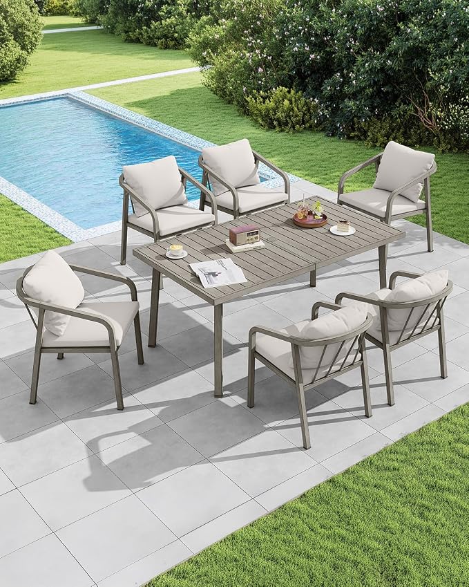 Never-Rust Aluminum Patio Dining Table, 63" x 35" Rectangular Outdoor Dining Table for 6, Outdoor Patio Table with Umbrella Hole for Courtyard, Garden, Veranda, Deck, Gray Oak
