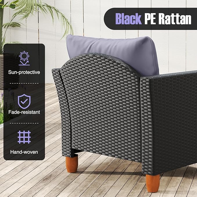 HAPPYGRILL 3 Pieces Patio Furniture Set PE Rattan Wicker Sofa Set with Storage Coffee Table, Cushions, Acacia Wood Outdoor Conversation Set for Balcony Backyard Porch Garden