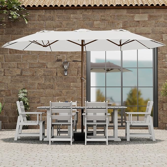BRIOPAWS 15-FT-Large-Patio-Umbrella-with-Base | Double-Sided | Outdoor Table Umbrellas | w/Crank Handle | 12 Sturdy Fiberglass Rib | UV-Protection | for Garden Deck Backyard Pool | Beige