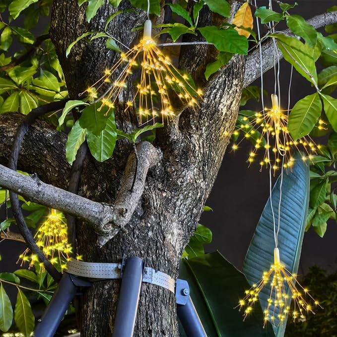 5 Pack Solar Firework Lights, 450 LED 8 Modes Dimmable Waterproof Hanging DIY Starburst Fairy Lights with Timer for Party Garden Indoor Outdoor Decoration (Warm White, 450)