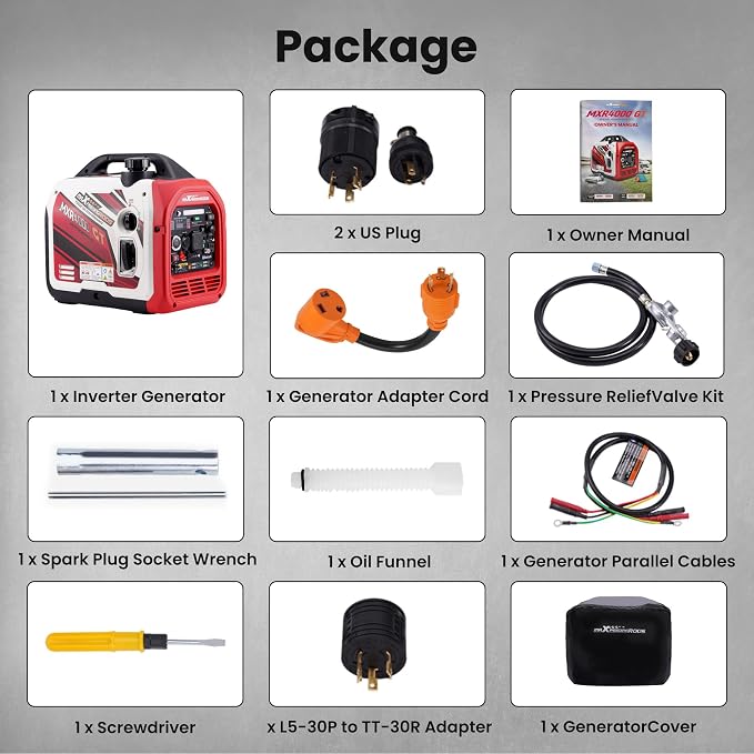 maXpeedingrods 4000 Watt Dual Fuel Inverter Generator with Bluetooth® Control Start with RV Adapter Cord 3 Prong 125V 30 Amp to 30 Amp, NEMA L5-30P to TT-30R