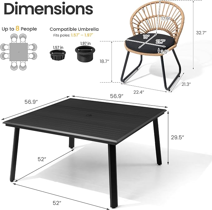 9 Piece Aluminum Square Outdoor Dining Set with Rattan Patio Chairs | 56.9" Large Patio Dining Table with Umbrella Hole, 8 Shell Shaped Rattan Patio Chairs with Black Cushions for Garden Deck