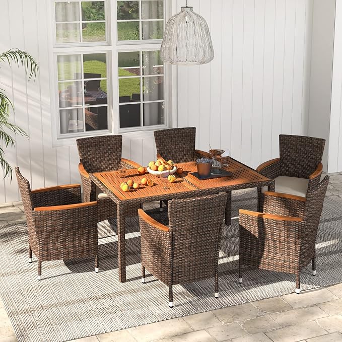 7 Pieces Patio Wicker Dining Set Outdoor Dining Set, Patio Furniture Set with Acacia Wood Table and Chairs, Garden Dining Table Set for Desk, Poolside, Backyard (Brown)