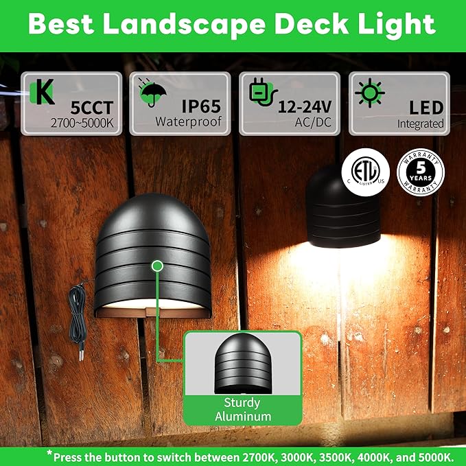 Low Voltage Deck Lights - Landscape 12V LED Step Lights Outdoor, 2700K/3000K/3500K/4000K/5000K Selectable, IP65 Waterproof Aluminum Black Lighting for Stair Yard Patio Fence 6 Pack