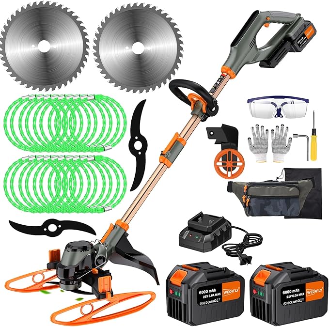 14" Electric Weed Wacker, 4 in 1 Cordless String Trimmer/Lawn Edger/Lawn Mower/Brush Cutter with Steel Gears, 2×21V 6.0Ah Batteries & Charger, Lightweight Grass Trimmer for Yard Garden