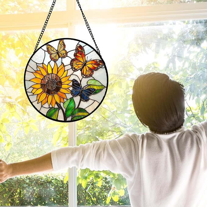 DASTOLL Stained Glass Window Hanging, Butterfly and Sunflowers Sun Catchers Glass Panel Plant Insects Suncatcher Decor for Birthday for Women, Men, Wife, Aunt, and Mom 7.8 in