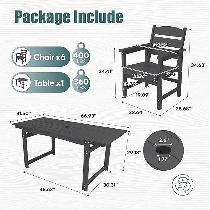 7 Piece Patio Dining Set,Patio Furniture Set for 6,Outdoor Table and Chairs with Umbrella Hole,All-Weather 67” Rectangular Dining Table with Non-Slip Mat for Garden,Poolside,Backyard,Black