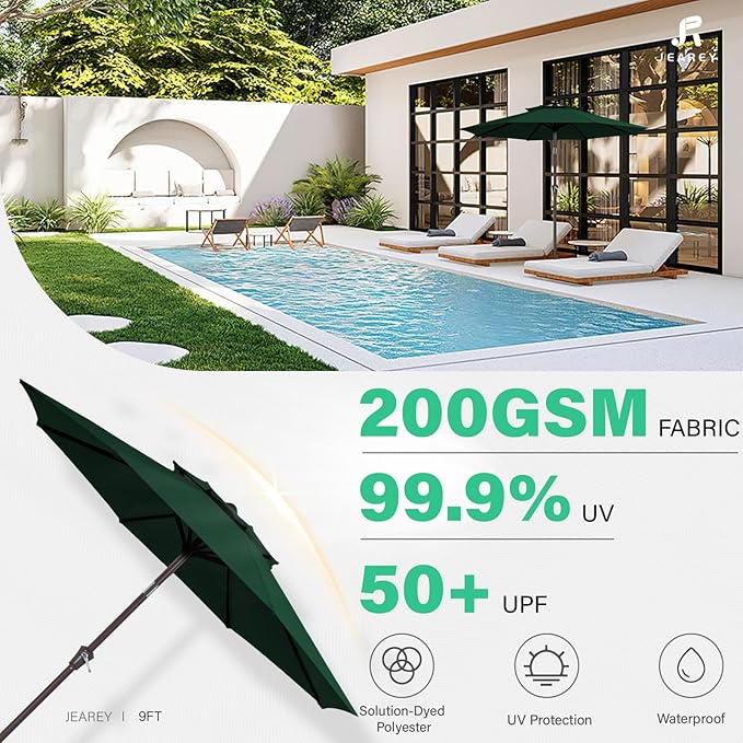 JEAREY 9' 2-Tiers Patio Umbrellas Outdoor Table Market Umbrella w/Push Button Tilt/Crank, 8 Sturdy Ribs, UV Protection Waterproof Sunproof(Dark Green)
