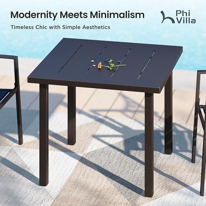 PHI VILLA 34" Outdoor Patio Table for 4, Slatted Wrought Iron Dining Table with Umbrella Hole, Minimalist Outside Metal Furniture for Deck, Porch, Backyard - Black