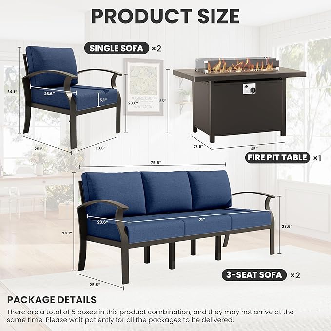 ALAULM Aluminum Patio Furniture Set with Propane Fire Pit Table 8-seat Metal Outdoor Furniture w/Fire Pit Patio Conversation Set w/5.1" Cushions for Patio, Backyard, Poolside-Dark Blue