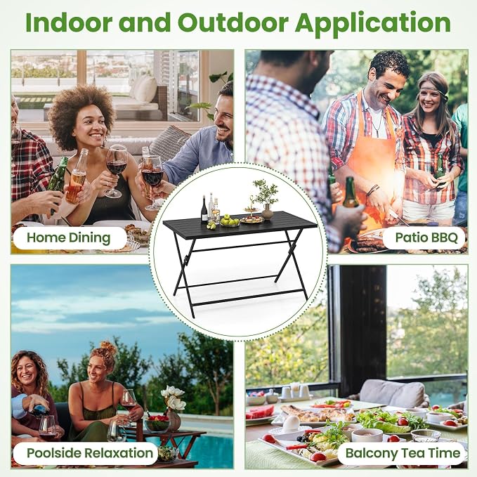 Tangkula 48" Foldable Outdoor Dining Table, Rectangular Metal Patio Table with Slatted Tabletop, Folding Bistro Barbecue Picnic Dinner Table for Indoor Kitchen Outside Garden Backyard Balcony Lawn