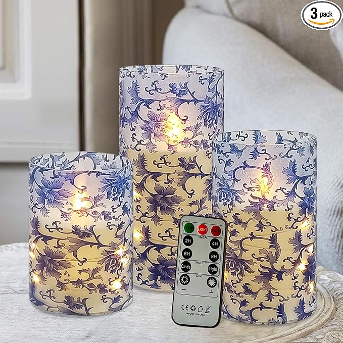 Floral Flickering Flameless Candles, Recessed String Light LED Candles 3D Wick Acrylic Battery Operated LED Pillar Candles with Remote and Timer for Home Decor Set of 3(Blue & White)