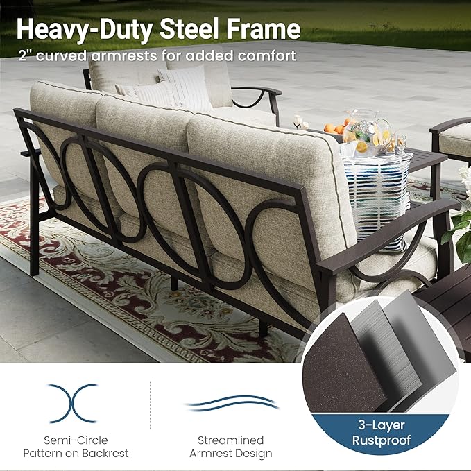 RoyalCraft Outdoor Patio Furniture Set, 3 Piece Patio Conversation Set, Metal Furniture Set for Porch Backyard,Khakiwith Gray Cushions, Brown