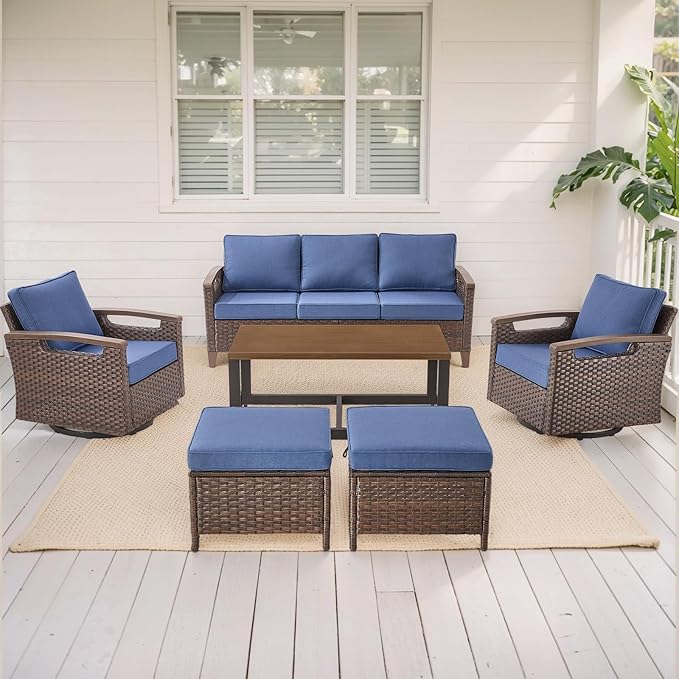 Rilyson Wicker Outdoor Patio Furniture Set - 6 Piece Patio Conversation Sets with Swivel Rocker Chairs, Sofa, Ottomans and Coffee Table, Thick Cushions, Waterproof Wicker, for Porch Deck Brown/Blue